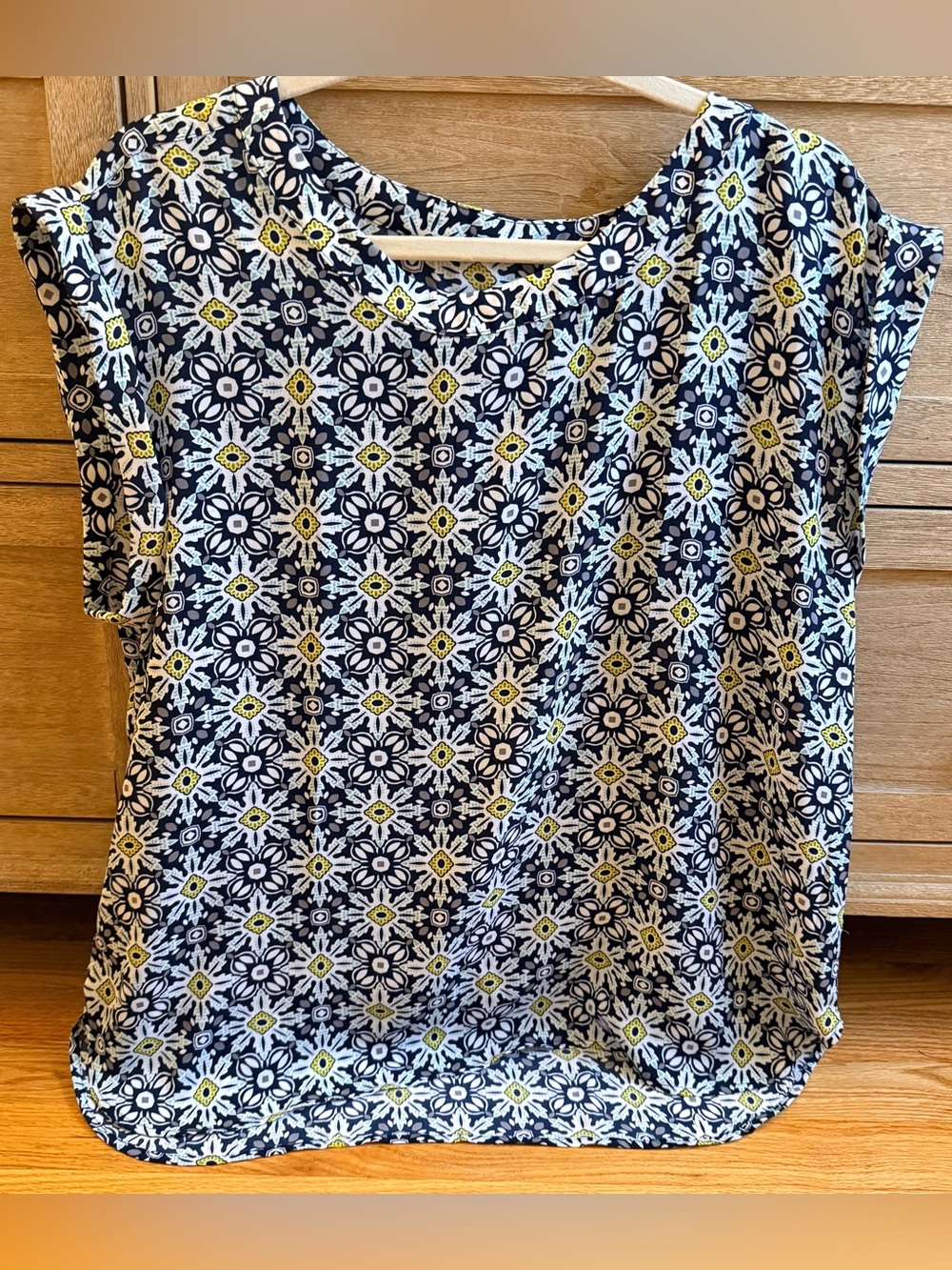 SHEIN Navy Floral Geo Short-Sleeve Blouse with Yellow Accents